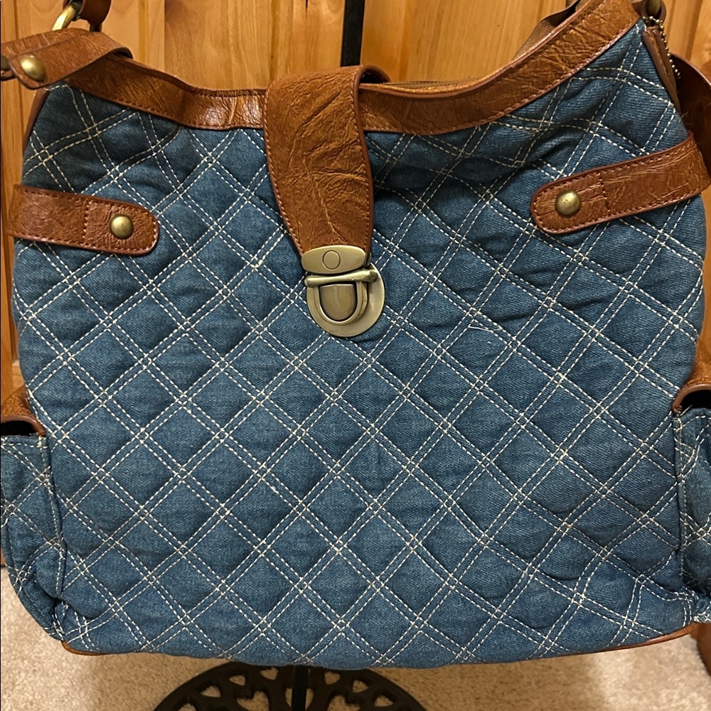 Denim and Faux Leather Diamond Stitched Hobo Style Bag - Picture 2 of 15